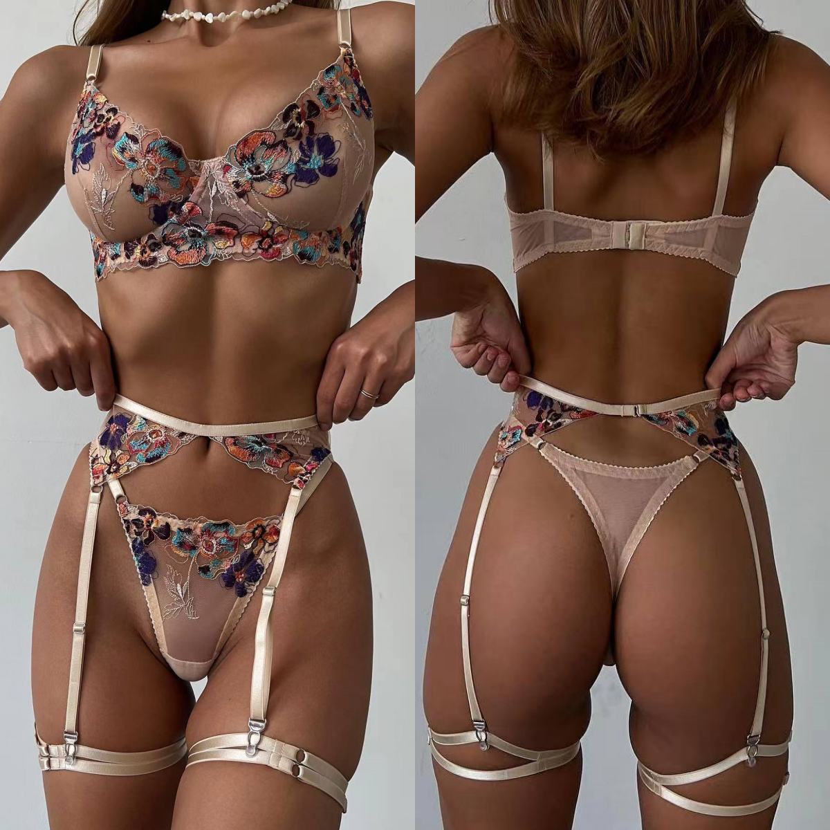 Luxury Skincare Kit - Krasapt Luxury Embroidery See-through Lingerie 4Pcs