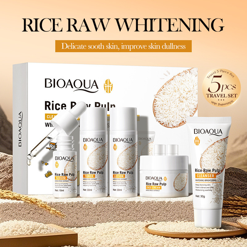 5pcs BIOAOUA Rice Raw Whitenin - Luxury Skincare Kit ulasan dan harga